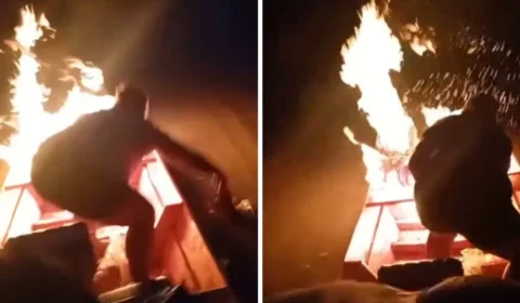 Mulheres entram em pânico após rabeta pegar fogo durante travessia noturna; veja vídeo