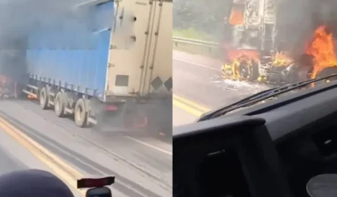 Carreta carregada com bebidas é destruída por incêndio na BR-364, na “Curva da Morte”