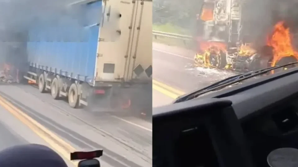 Carreta carregada com bebidas é destruída por incêndio na BR-364, na “Curva da Morte”
