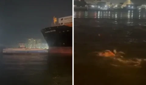 VÍDEO: Navio porta-contêineres atinge duas balsas no Porto de Santos e tripulantes pulam no mar