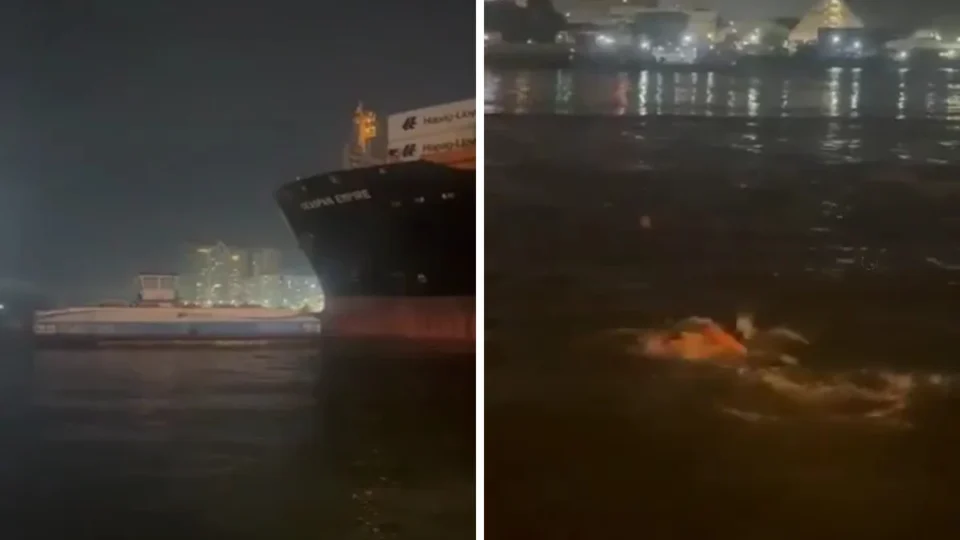 VÍDEO: Navio porta-contêineres atinge duas balsas no Porto de Santos e tripulantes pulam no mar