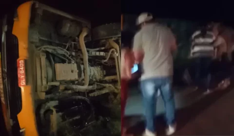 Ônibus com dezenas de passageiros tomba na BR-364