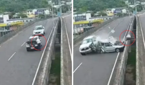 Vídeo chocante: homem estaciona para ajeitar o capô e é arremessado de viaduto