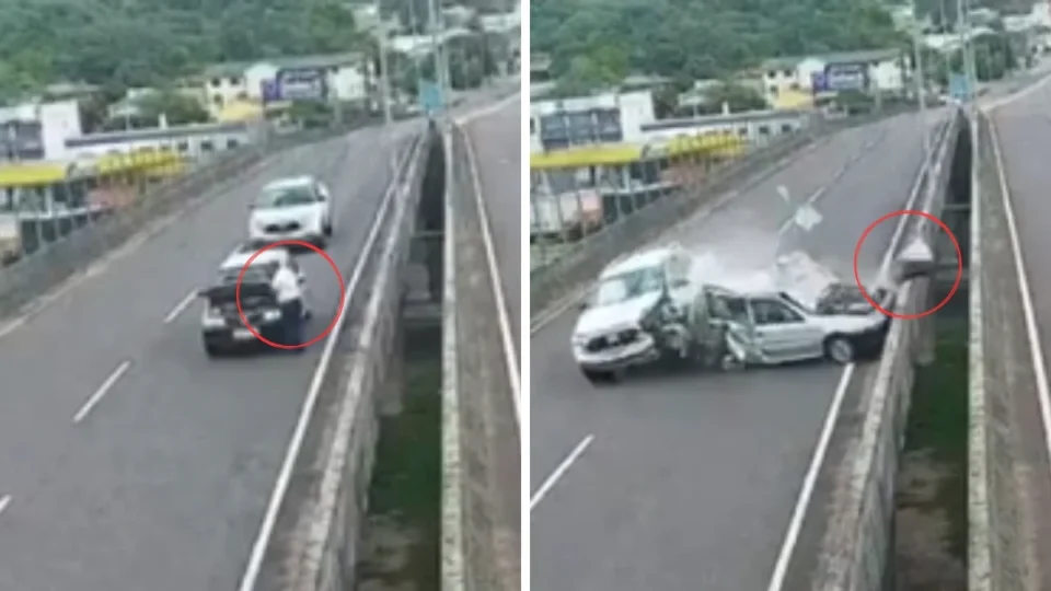 Vídeo chocante: homem estaciona para ajeitar o capô e é arremessado de viaduto