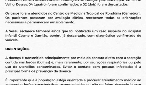Sesau confirma quatro casos de Mpox e mantém monitoramento epidemiológico em Porto Velho