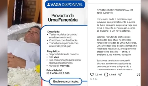 Página posta vaga inusitada e vira meme: “Provador de Urna Funerária”