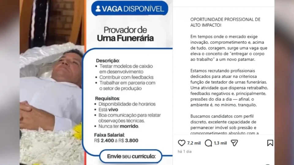 Página posta vaga inusitada e vira meme: “Provador de Urna Funerária”