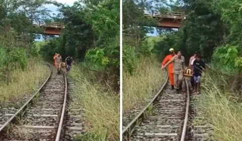 Por pouco! Homem cai de ponte, para nos trilhos e escapa de trem em Goiás
