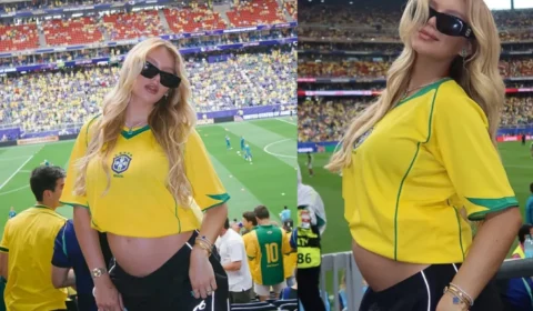 Gabriely Miranda exibe barriguinha de gravidez durante jogo do Brasil e encanta seguidores