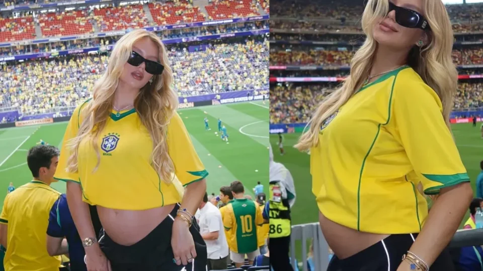 Gabriely Miranda exibe barriguinha de gravidez durante jogo do Brasil e encanta seguidores