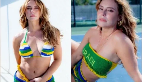 Paolla Oliveira posa com biquíni de crochê e agita a web em clima de torcida pelo Brasi