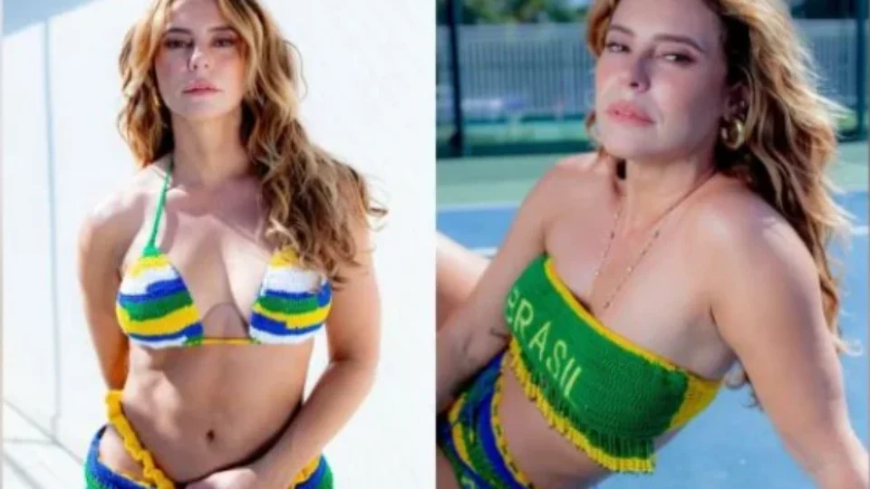Paolla Oliveira posa com biquíni de crochê e agita a web em clima de torcida pelo Brasi