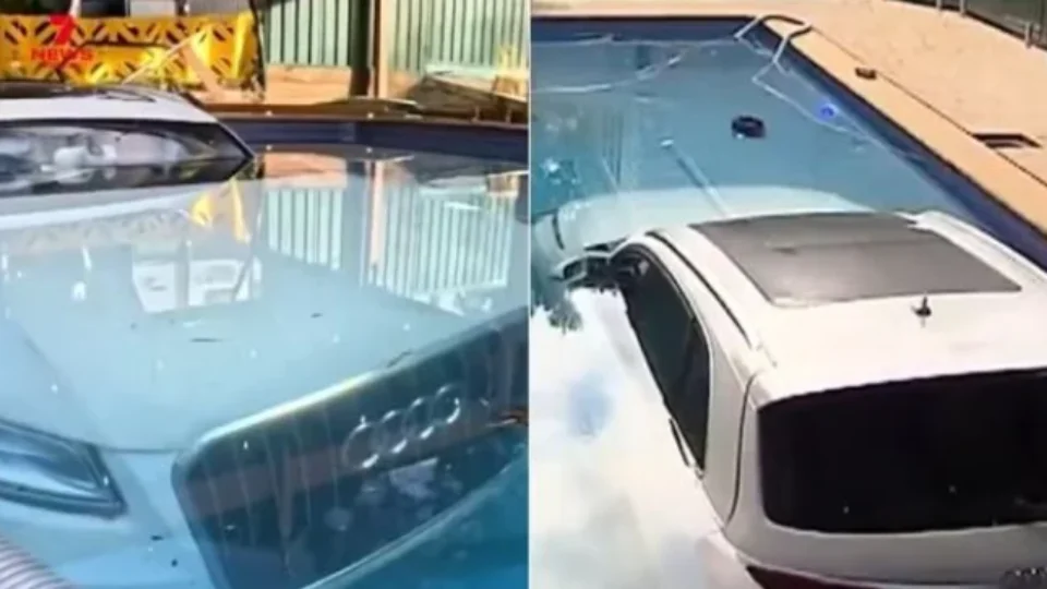 Audi vai parar dentro de piscina após erro de manobra; caso inusitado chama atenção na Austrália.