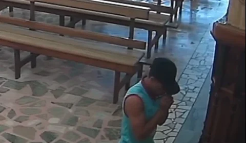 Vídeo mostra furto em cofre de igreja e suspeito foge por pouco antes de ser detido por fiéis