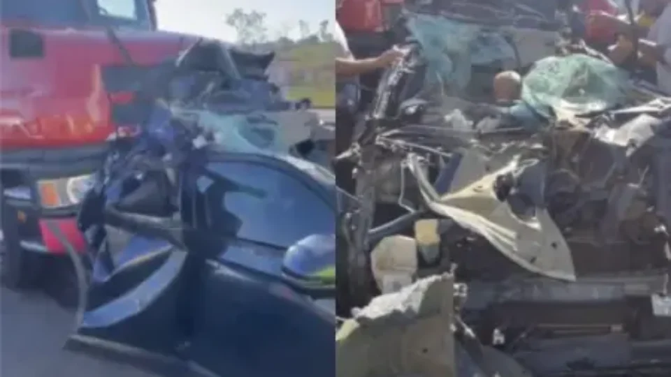 Motorista sai andando de carro completamente destruído após engavetamento na Fernão Dias; vídeo impressiona