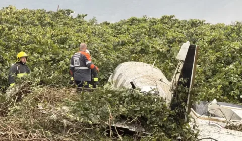 Vídeo registra queda de avião de pequeno porte em praia de Navegantes; piloto e copiloto ficam feridos; veja as imagens