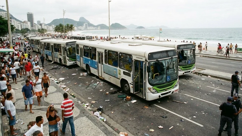 Caos em Copacabana: ônibus tem janela quebrada e passageiros entram em pânico após saída da praia