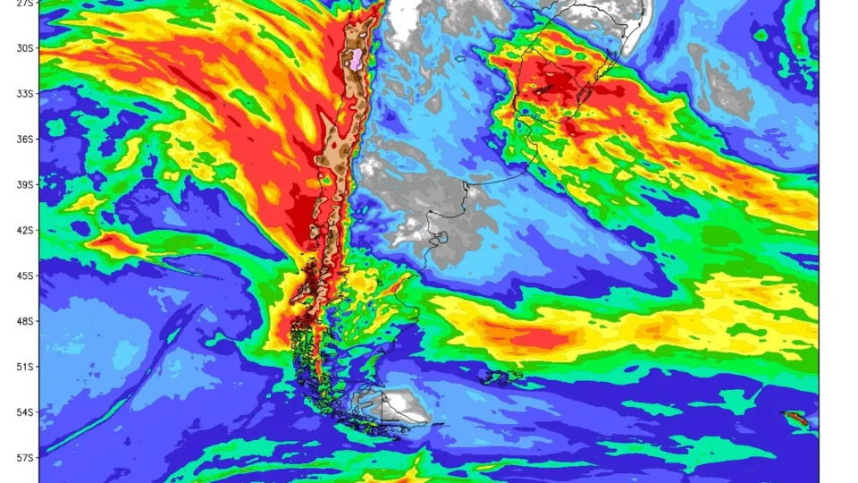 Rio atmosférico gigante avança sobre a América do Sul e coloca Chile em alerta para chuva extrema, ventos e neve