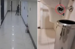 Câmera flagra homem escondendo celular para filmar mulheres em banheiro de prédio em SP
