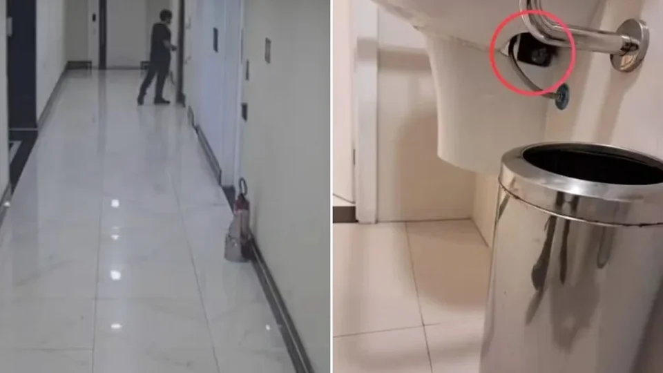 Câmera flagra homem escondendo celular para filmar mulheres em banheiro de prédio em SP
