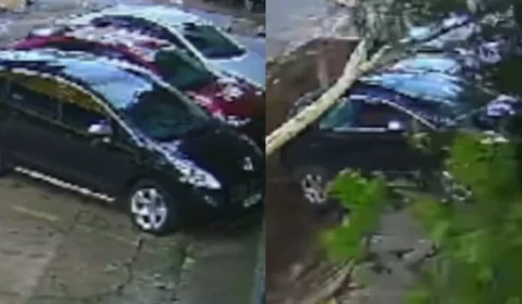 Calçada cede de repente e ‘engole’ três carros em Porto Alegre; veja o que aconteceu