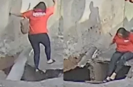 Mulher cai em cratera que se abre de repente em rua de Pernambuco; câmera registra o momento