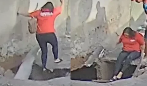 Mulher cai em cratera que se abre de repente em rua de Pernambuco; câmera registra o momento