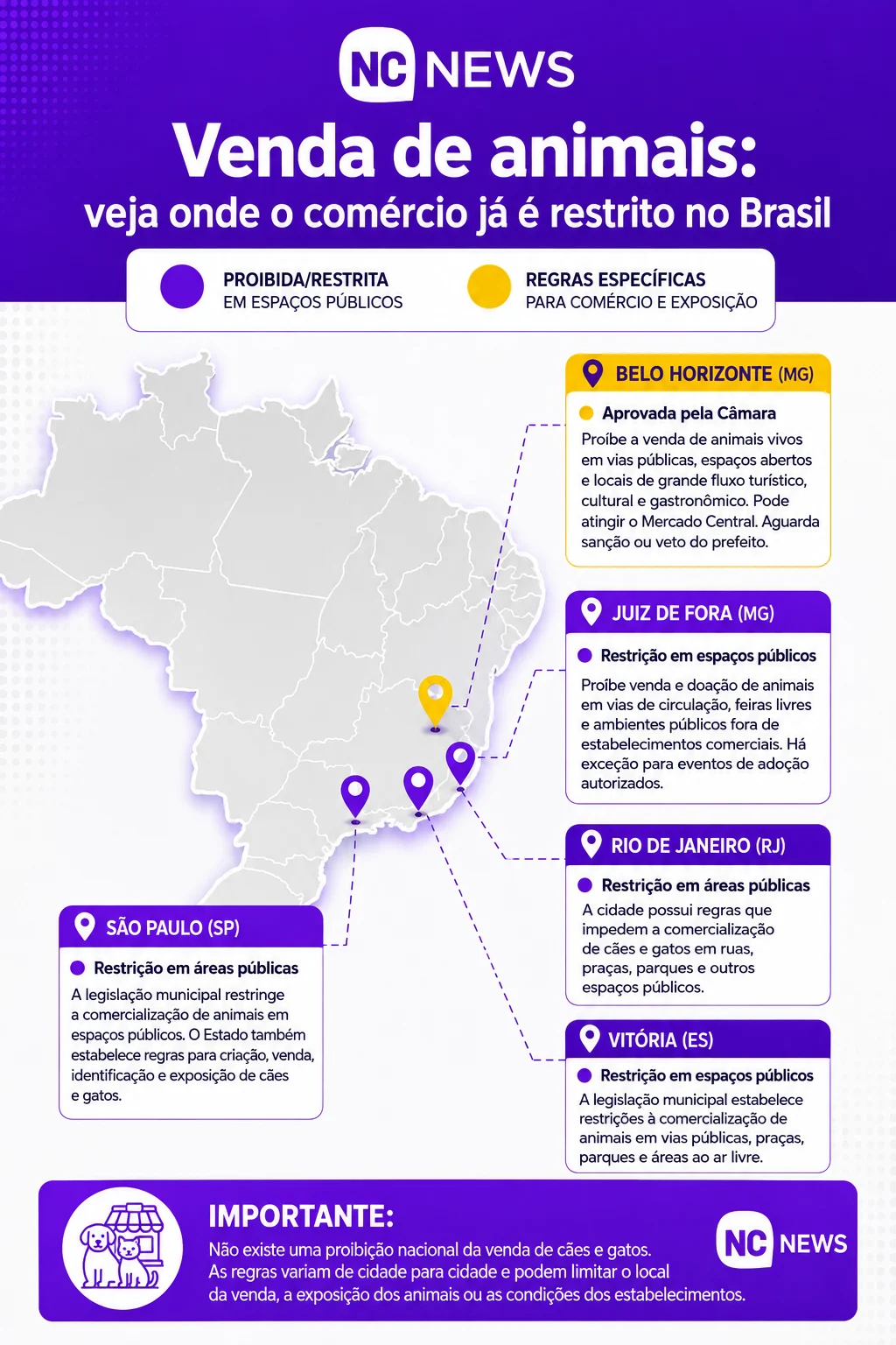 A venda de cães e gatos não é proibida em todo o país. Mas algumas cidades já adotaram regras que restringem o comércio e a exposição de animais, principalmente em espaços públicos.
