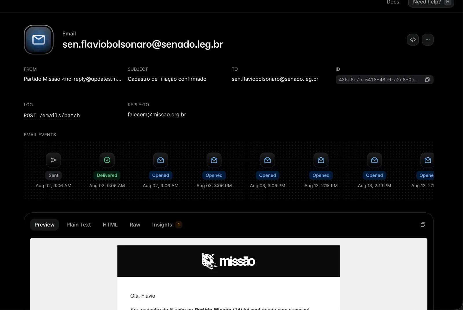 Captura de tela (print) do partido Missão mostra e-mails enviado ao gabinete do senador e candidato Flávio Bolsonaro- Foto: Divulgação/MissãoRenan Santos foi além: declarou que a filiação de Flávio chegou a ser confirmada através de um link enviado ao próprio e-mail do senador.