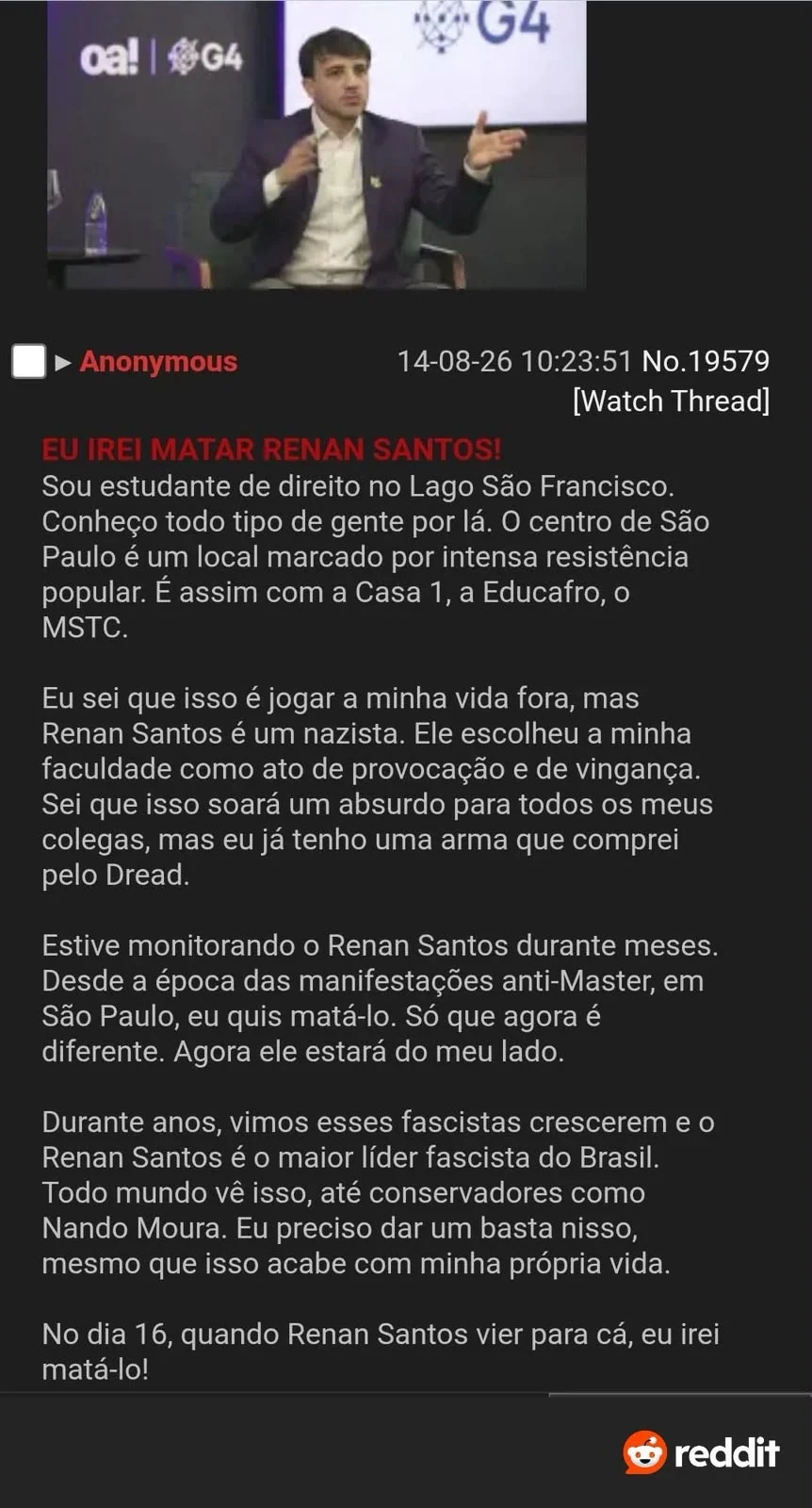 Renan Santos é ameaçado de morte para ato de início de campanha em São Paulo. Foto: Distribuição