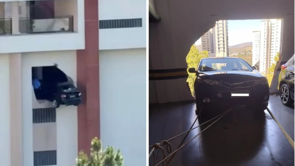 Motorista passa mal e carro fica pendurado a mais de 20 metros de altura em prédio na Grande BH