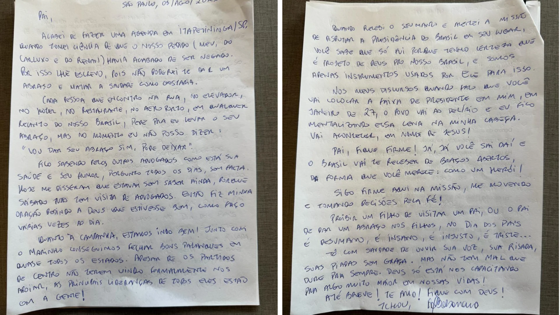 Flávio Bolsonaro divulgou neste domingo (9), Dia dos Pais, a carta que escreveu ao pai, Jair Bolsonaro, após ser impedido de visitá-lo por decisão do ministro Alexandre de Moraes.