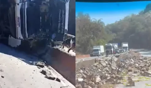 Carreta com detergente tomba na Fernão Dias e causa congestionamento na Grande BH