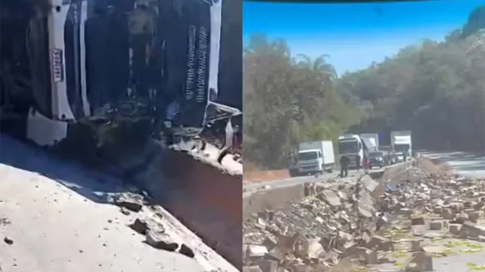 Carreta com detergente tomba na Fernão Dias e causa congestionamento na Grande BH