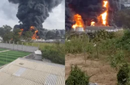 Incêndio de grandes proporções atinge fábrica de solventes na Grande São Paulo