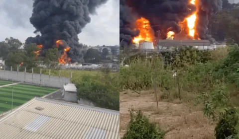 Incêndio de grandes proporções atinge fábrica de solventes na Grande São Paulo