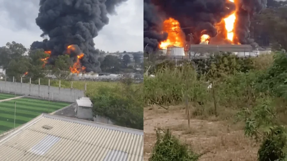 Incêndio de grandes proporções atinge fábrica de solventes na Grande São Paulo