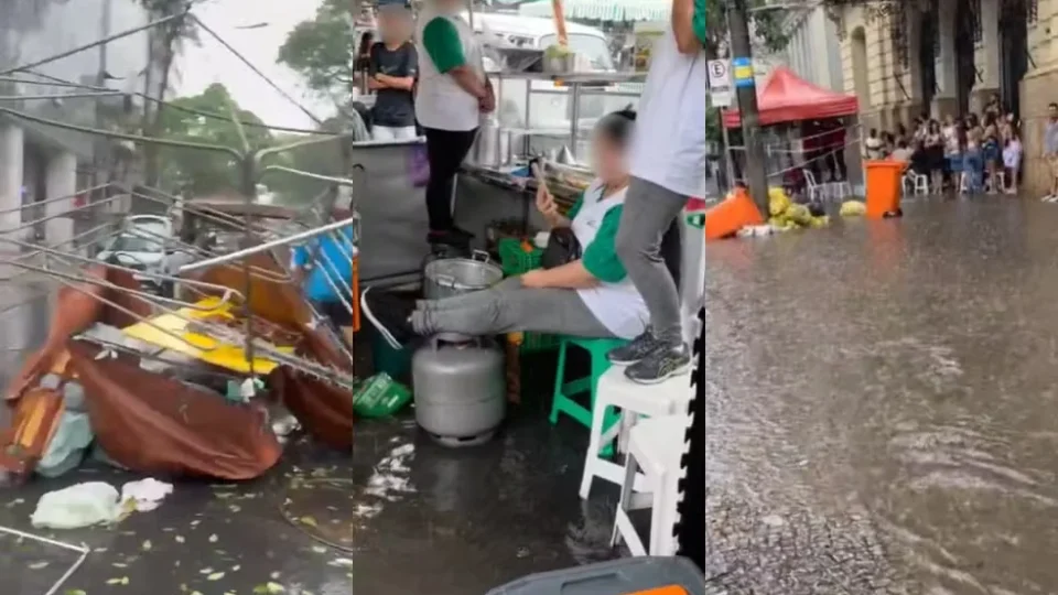 Chuva forte alaga região central de BH, deixa comerciantes da Feira Hippie ilhados e interrompe Virada Cultural