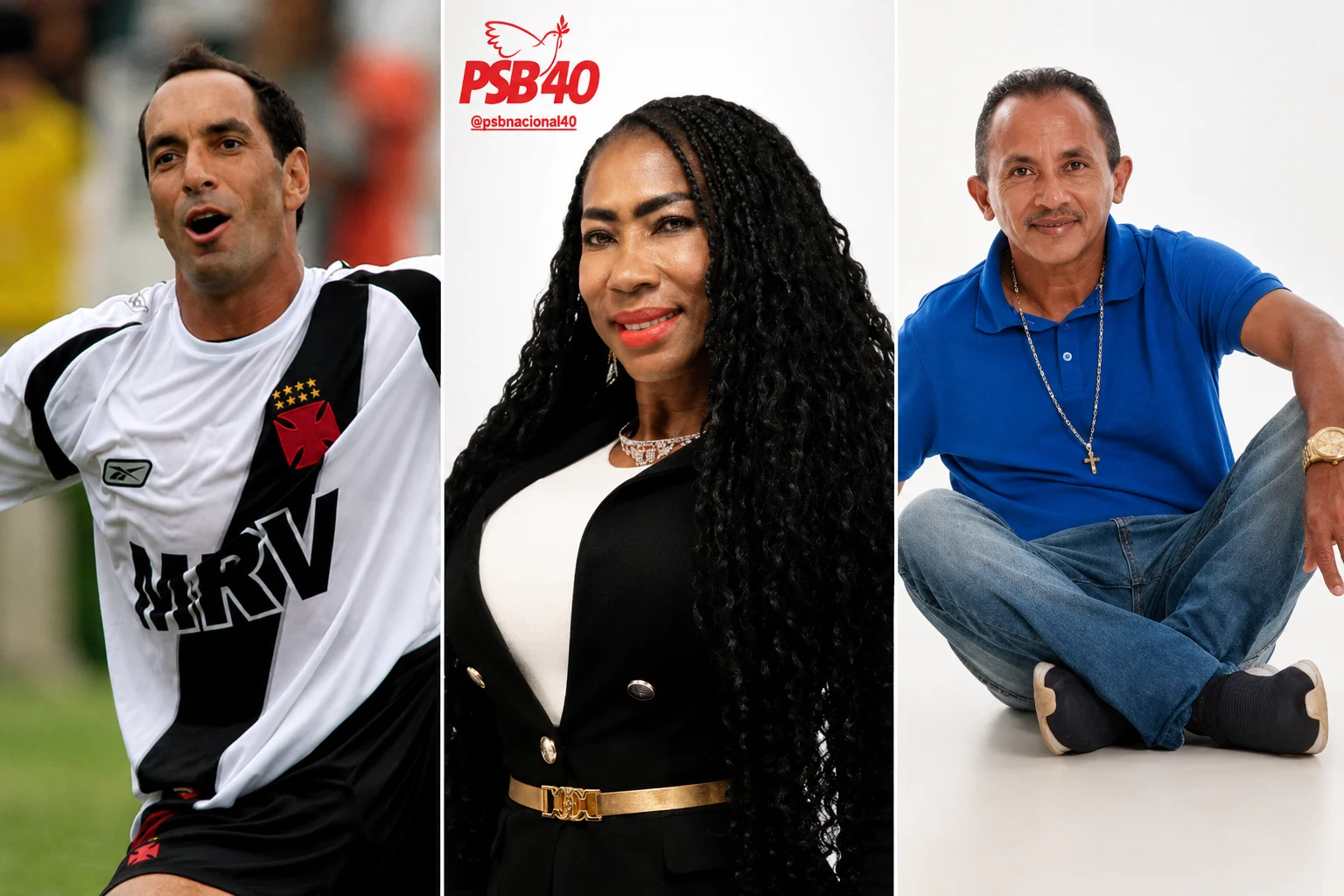 Famosos na política: O jogador Edmundo, Inês Brasil, e o cantor Manoel Gomes, da música Caneta Azul disputam as eleições 2026. Foto: Redes Sociais