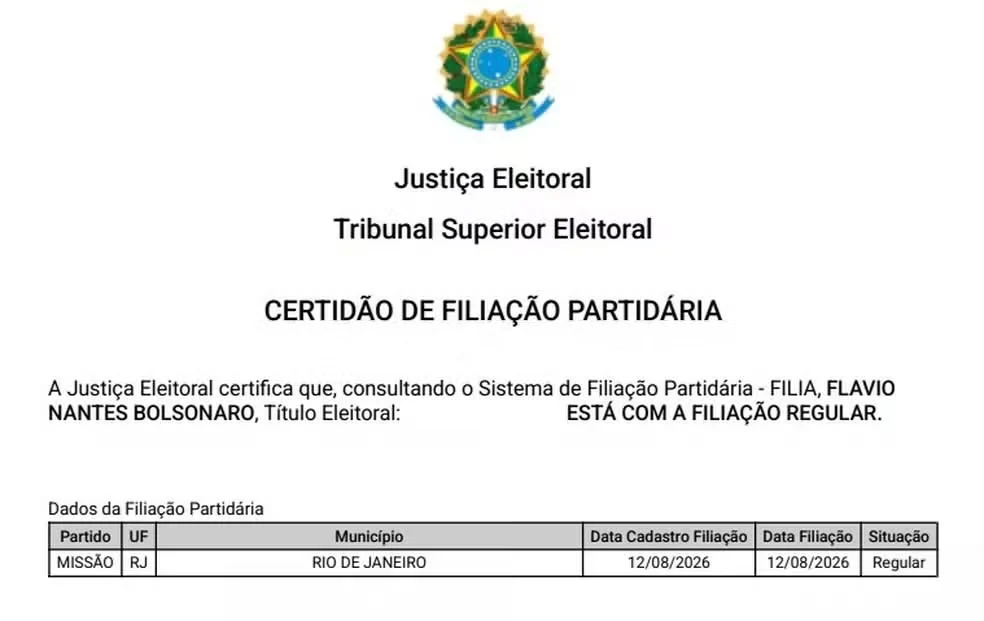 Flávio Bolsonaro foi filiado ao Missão — Foto: Reprodução/TSE