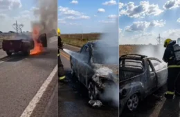 Pai e filha escapam ilesos após carro pegar fogo e ser destruído no Tocantins