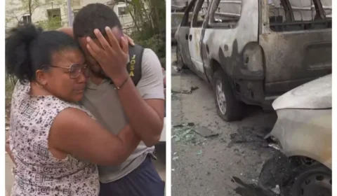 Motorista se emociona ao encontrar carro destruído por incêndio na Zona Sul de SP e recebe apoio da mãe
