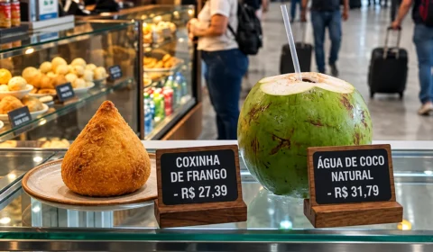 Influenciadora se surpreende com preço de água de coco e coxinha em aeroporto no Brasil