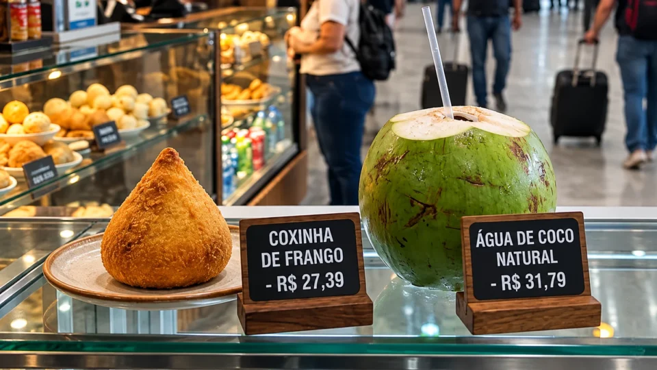 Influenciadora se surpreende com preço de água de coco e coxinha em aeroporto no Brasil