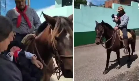 Bebê deixa maternidade pilchado e a cavalo em homenagem à tradição gaúcha no RS