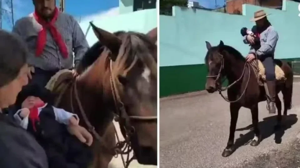 Bebê deixa maternidade pilchado e a cavalo em homenagem à tradição gaúcha no RS