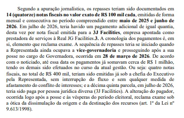 Trecho da representação entregue ao MPDFT detalha os repasses de R$ 1,4 milhão à empresa ligada à família de Celina Leão.