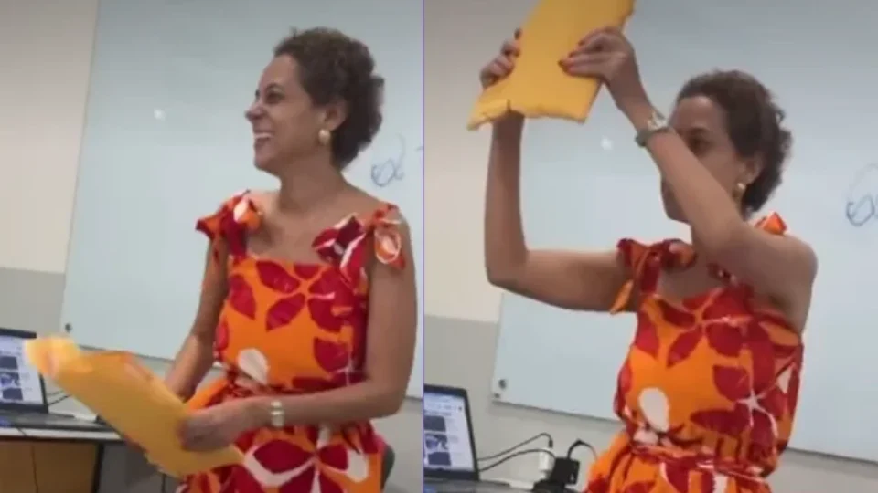 Professora faz coreografia ao entregar provas com notas baixas e viraliza: ‘Isso aqui é bomba’
