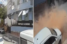Estrutura de prédio desaba no Centro de Alegre e quase atinge motociclista e carros