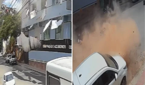 Estrutura de prédio desaba no Centro de Alegre e quase atinge motociclista e carros